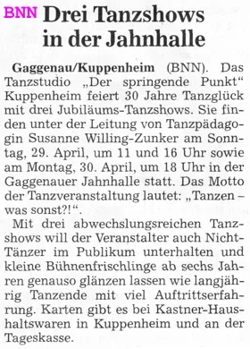 Vorankündigung Tanzshows 2018 Jahnhalle Gaggenau