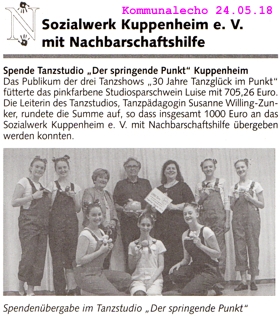 Spende an Sozialwerk und Nachbarschaftshilfe Kuppenheim 1.000 ,- €, Studiosparschwein Luise